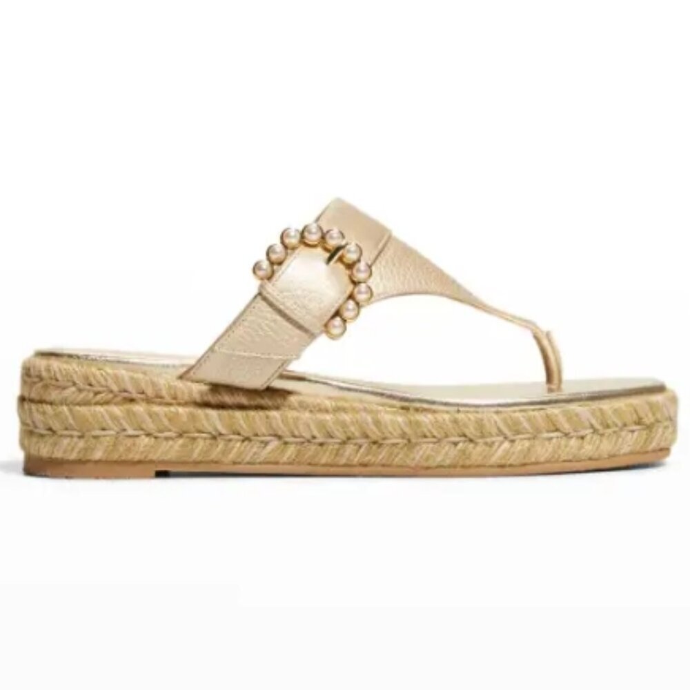 Stuart Weitzman Metallic Pearly-Buckle Thong Espadrille Sandals – Wheat 9 NWT